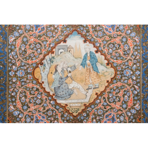 1139 - Qajar school miniature: 'Couple with beggar', opaque pigments heightened with gold on paper, 19th C.... 