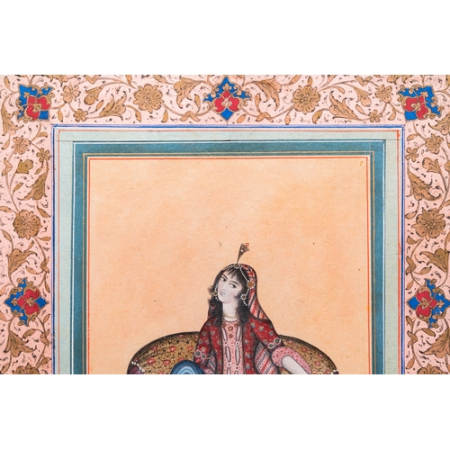 1141 - Qajar school, miniature: 'Resting lady', 19th C.Dim.: 28,5 x 20 cm (the frame)Dim.: 20,5 x 12,5 cm (... 