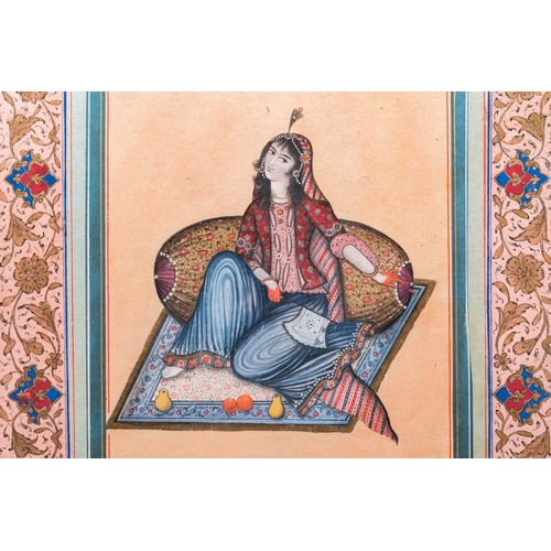 1141 - Qajar school, miniature: 'Resting lady', 19th C.Dim.: 28,5 x 20 cm (the frame)Dim.: 20,5 x 12,5 cm (... 