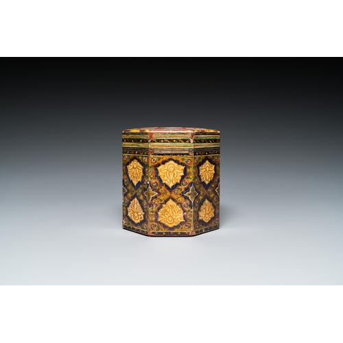 1149 - A painted and lacquered wooden Qur'an stand and a box and cover, Qajar, Persia, 19th C.Dim.: 37 x 36... 