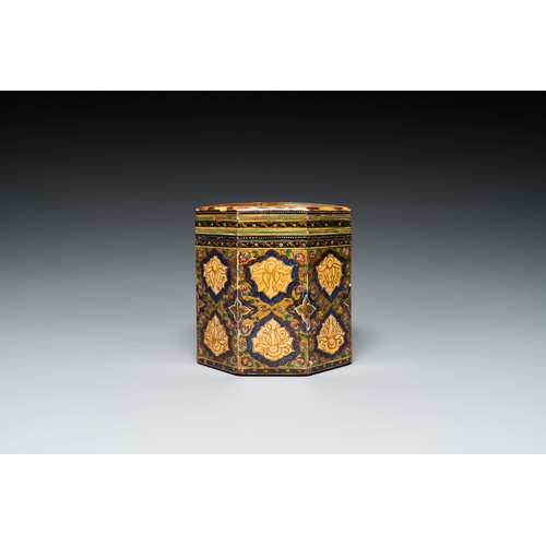 1149 - A painted and lacquered wooden Qur'an stand and a box and cover, Qajar, Persia, 19th C.Dim.: 37 x 36... 