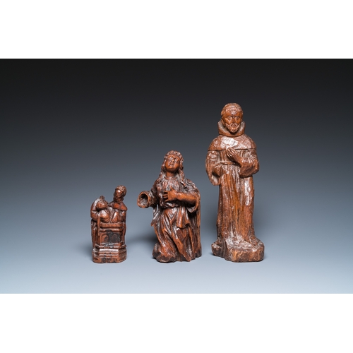 1203 - Four various religious wood sculptures, 16/17th C.H.: 53 cm (the tallest incl. stand) H.: 46,5 cm (t... 