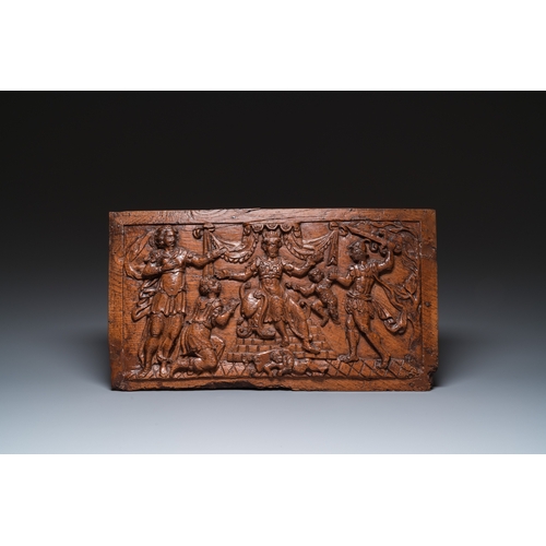 1204 - Three carved wooden panels, France and Flanders, 17th C.Dim.: 66 x 25 cm (the panel depicting Saint ... 