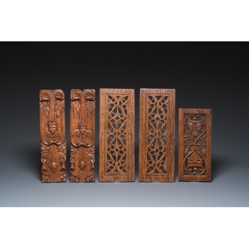 1205 - A collection of 11 carved wooden panels with various designs, France, Holland and/or Flanders, 14/16... 