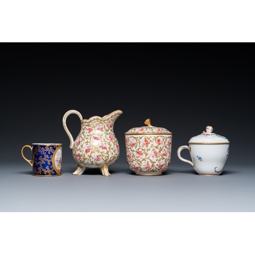 1228 - A Meissen porcelain covered bowl and two saucers, a Sevres-style milk jug, a covered bowl and a cup,... 