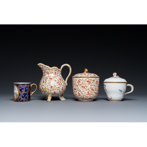 1228 - A Meissen porcelain covered bowl and two saucers, a Sevres-style milk jug, a covered bowl and a cup,... 