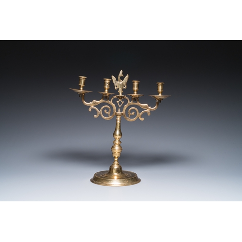 1235 - Three large Polish or Prussian bronze 'shabbat' candlesticks crowned with double eagles, 17th C.H.: ... 