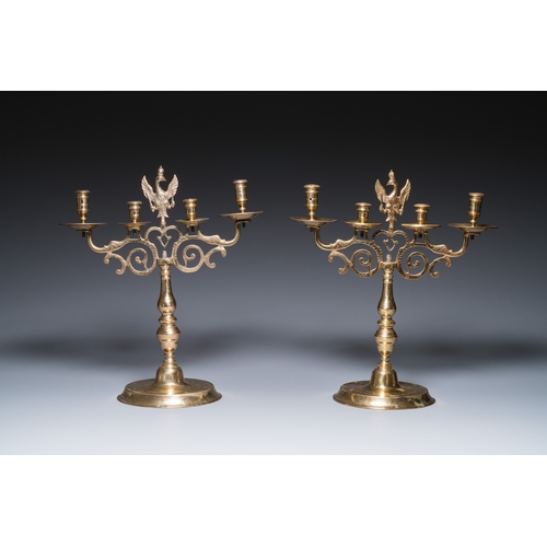 1235 - Three large Polish or Prussian bronze 'shabbat' candlesticks crowned with double eagles, 17th C.H.: ... 