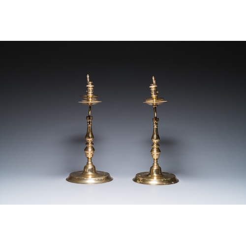 1235 - Three large Polish or Prussian bronze 'shabbat' candlesticks crowned with double eagles, 17th C.H.: ... 