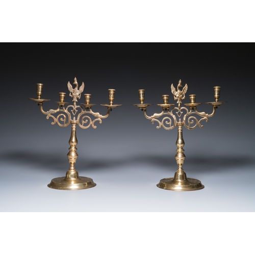 1235 - Three large Polish or Prussian bronze 'shabbat' candlesticks crowned with double eagles, 17th C.H.: ... 