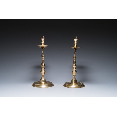 1235 - Three large Polish or Prussian bronze 'shabbat' candlesticks crowned with double eagles, 17th C.H.: ... 