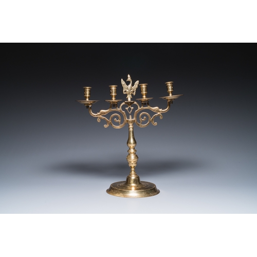 1235 - Three large Polish or Prussian bronze 'shabbat' candlesticks crowned with double eagles, 17th C.H.: ... 