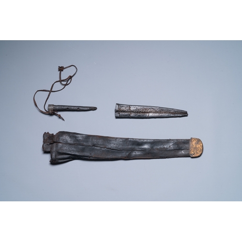 1244 - Three scabbards for daggers in leather with copper and pewter mounts, Low Countries, 14/15th C.L.: 3... 