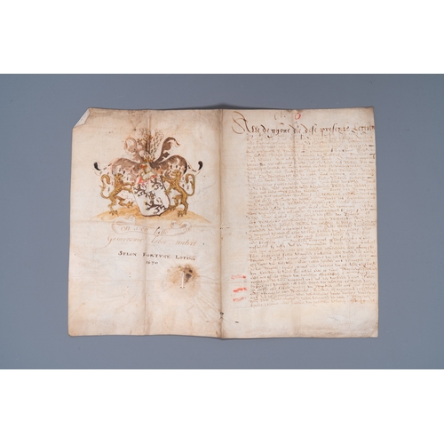 1255 - A Flemish armorial manuscript on parchment and a second one, dated 1587 and bearing a seal, 16th C.D... 