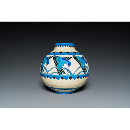 1266 - Charles Catteau (1880-1966) for Boch Keramis: a globular Art Deco crackle-glazed vase with swallowsH... 