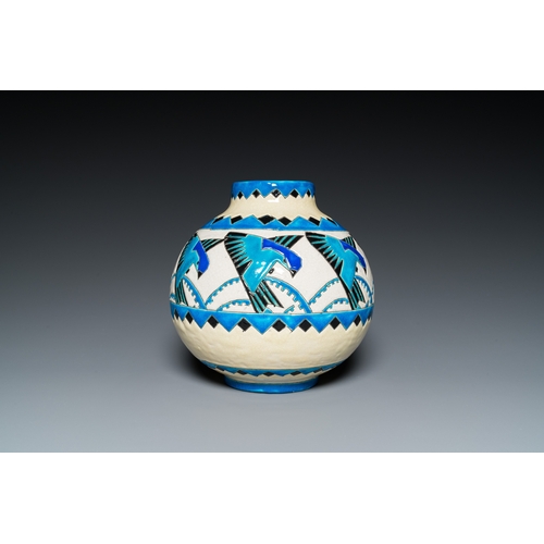 1266 - Charles Catteau (1880-1966) for Boch Keramis: a globular Art Deco crackle-glazed vase with swallowsH... 