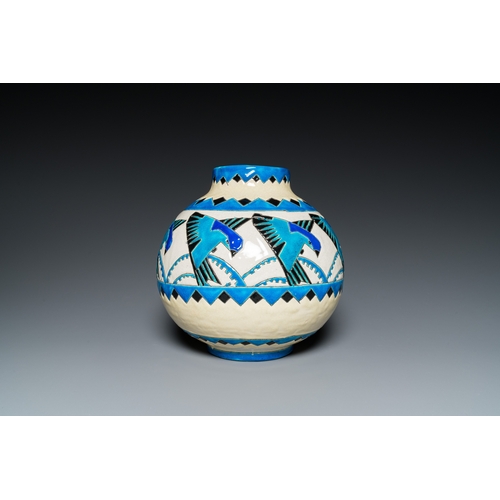 1266 - Charles Catteau (1880-1966) for Boch Keramis: a globular Art Deco crackle-glazed vase with swallowsH... 