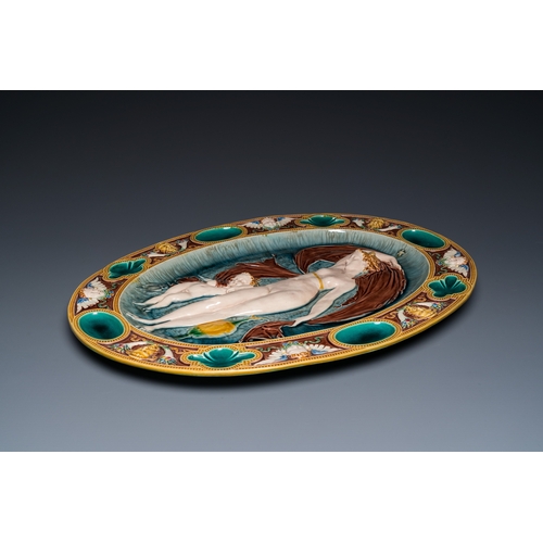 1267 - An oval Mintons majolica dish with a goddess with putto, England, year mark 1874L.: 49 cm... 