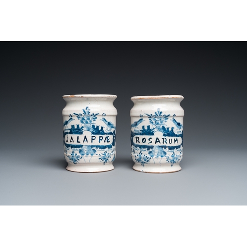 1273 - Two Dutch Delft blue and white drug jars and a polychrome Brussels faience dish with a rider on hors... 