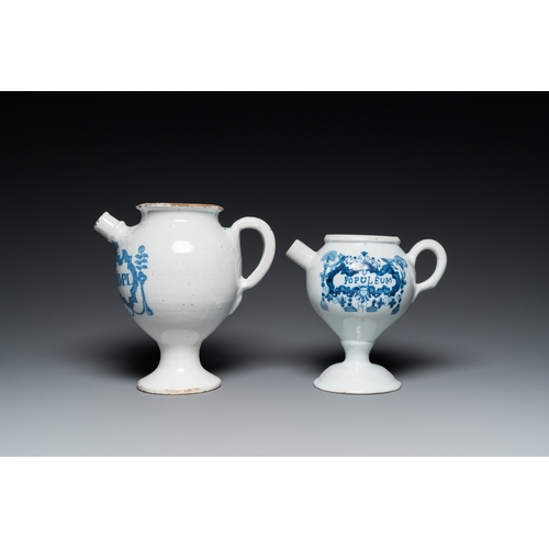 1276 - Two blue and white Brussels faience wet drug jars, late 17th and 19th C.H.: 23 cm (the tallest)... 