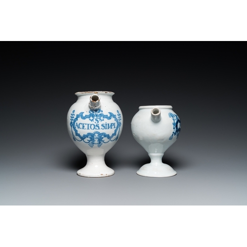 1276 - Two blue and white Brussels faience wet drug jars, late 17th and 19th C.H.: 23 cm (the tallest)... 