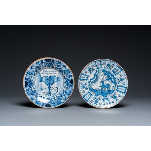 1293 - Two Dutch Delft blue and white plates, 18th C. and dated 1835Dia.: 23 cm