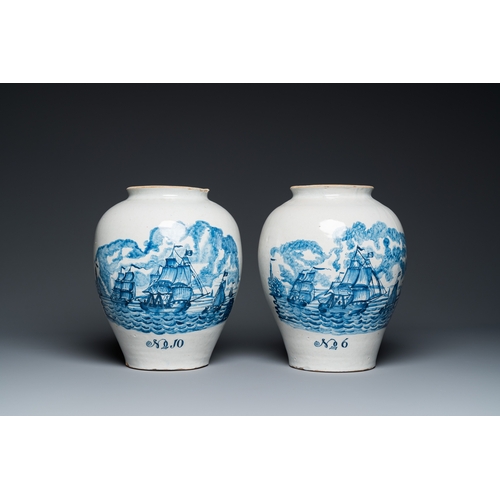 1309 - A pair of rare Dutch Delft blue and white 'maritime subject' tobacco jars with brass covers, 18th C.... 