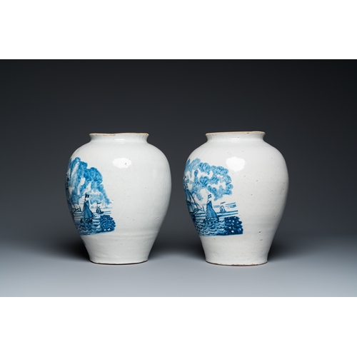 1309 - A pair of rare Dutch Delft blue and white 'maritime subject' tobacco jars with brass covers, 18th C.... 