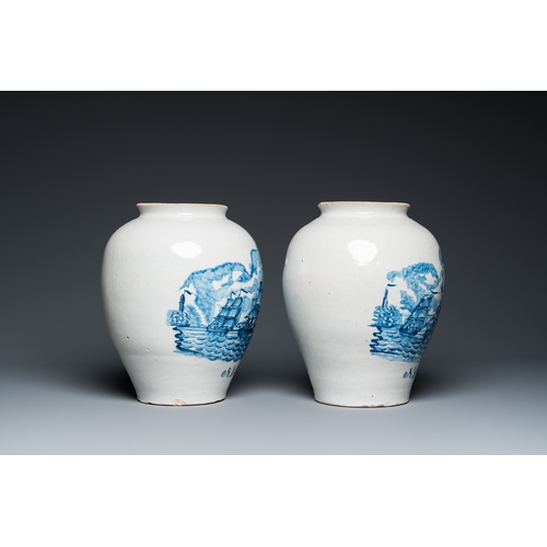 1309 - A pair of rare Dutch Delft blue and white 'maritime subject' tobacco jars with brass covers, 18th C.... 