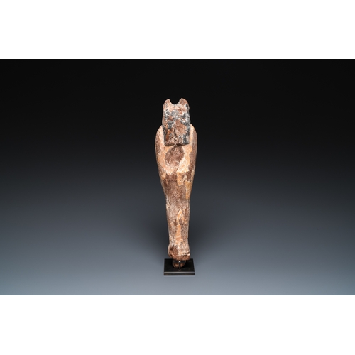 1398 - An Egyptian stucco painted wooden mummiform figure of Anubis, New KingdomH.: 46 cm (incl. the stand)... 