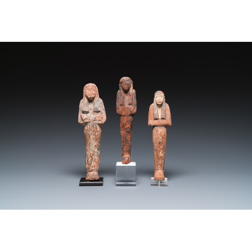 1400 - Three Egyptian polychromed wooden ushabtis, New KingdomH.: 24 cm (the largest statue, excl. the stan... 