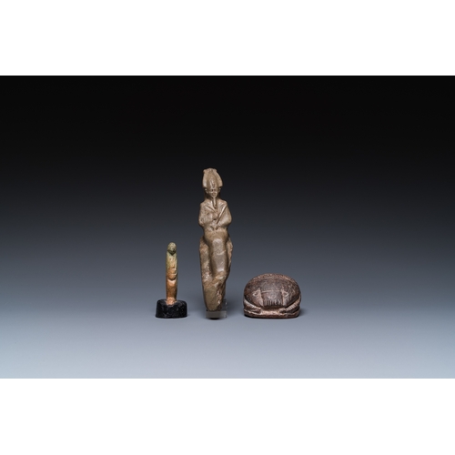 1403 - A green stone sculpture of Osiris, a steatite scarab and a green frit Thot, Egypt, New Kingdom to Pt... 