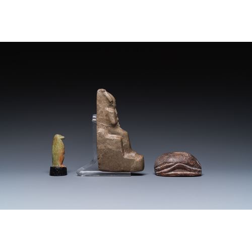 1403 - A green stone sculpture of Osiris, a steatite scarab and a green frit Thot, Egypt, New Kingdom to Pt... 