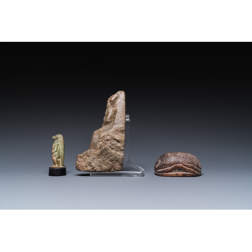 1403 - A green stone sculpture of Osiris, a steatite scarab and a green frit Thot, Egypt, New Kingdom to Pt... 