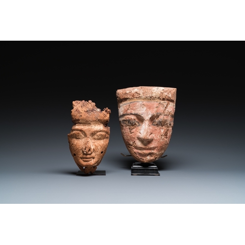 1405 - Two Egyptian wooden sarcophagus masks, Ramesside and Ptolemaic periodsH.: 27 cm (the polychromed mas... 