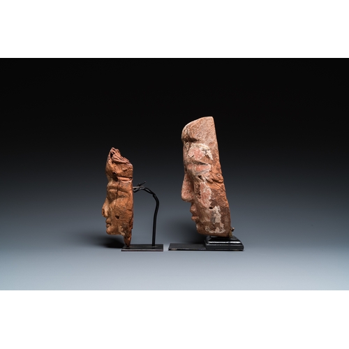 1405 - Two Egyptian wooden sarcophagus masks, Ramesside and Ptolemaic periodsH.: 27 cm (the polychromed mas... 