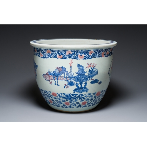 138 - An exceptional massive Chinese blue, white and copper-red fish bowl with antiquities and 'Master of ... 