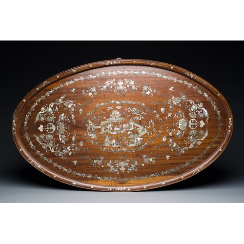 242 - An extremely large Chinese mother-of-pearl-inlaid wooden tray with a central pavillion design, 19th ... 