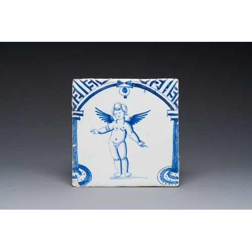 338 - A rare blue and white Dutch Delft tile with a large cherub below a gate, 1st half 17th C.Description... 