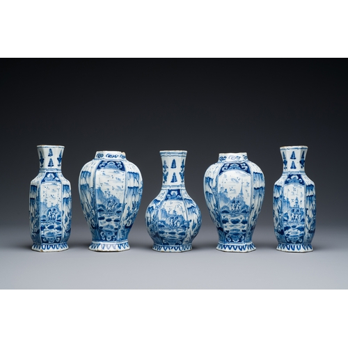 342 - A small blue and white Dutch Delft garniture of five vases, 18th C.Description:H.: 17,5 cm (the tall... 