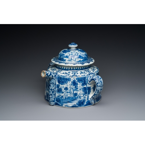 345 - An extremely rare Dutch Delft blue and white posset pot, early 18th C.Description:L.: 27,5 (incl. th... 