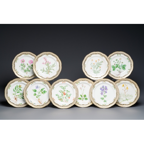 355 - Ten Royal Copenhagen porcelain 'Flora Danica' plates with pierced rims, Denmark, 20th C.Description:... 