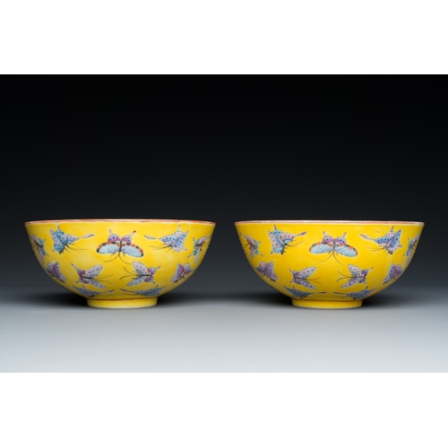 1 - A pair of Chinese famille rose yellow-ground 'butterfly' bowls, Tongzhi mark and of the periodDescri... 