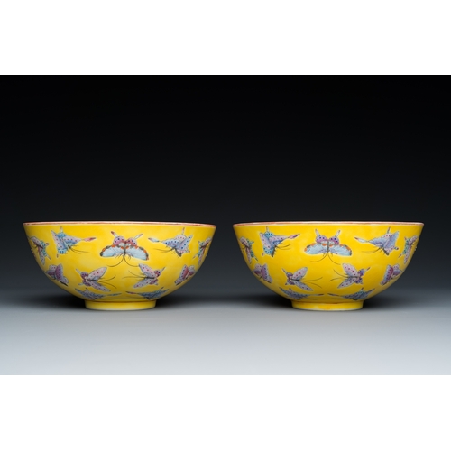 1 - A pair of Chinese famille rose yellow-ground 'butterfly' bowls, Tongzhi mark and of the periodDescri... 