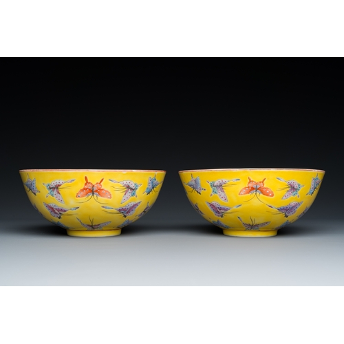 1 - A pair of Chinese famille rose yellow-ground 'butterfly' bowls, Tongzhi mark and of the periodDescri... 