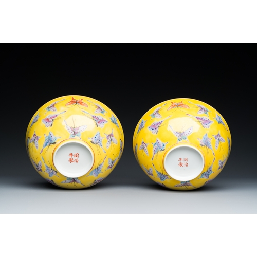 1 - A pair of Chinese famille rose yellow-ground 'butterfly' bowls, Tongzhi mark and of the periodDescri... 