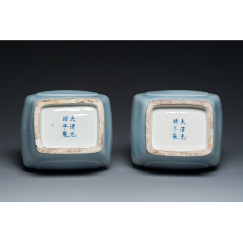 15 - A pair of Chinese monochrome lavender-blue-glazed 'fanghu' vases, Guangxu mark and of the periodDesc... 