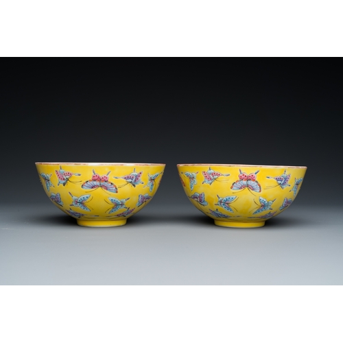 2 - A pair of Chinese famille rose yellow-ground 'butterfly' bowls, Tongzhi mark and of the periodDescri... 