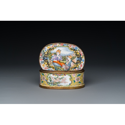 28 - A fine Beijing enamel oval snuff box and cover with European ladies, Qianlong mark and probably of t... 