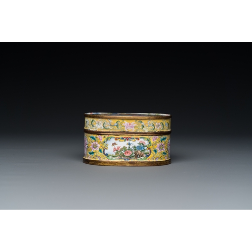 28 - A fine Beijing enamel oval snuff box and cover with European ladies, Qianlong mark and probably of t... 